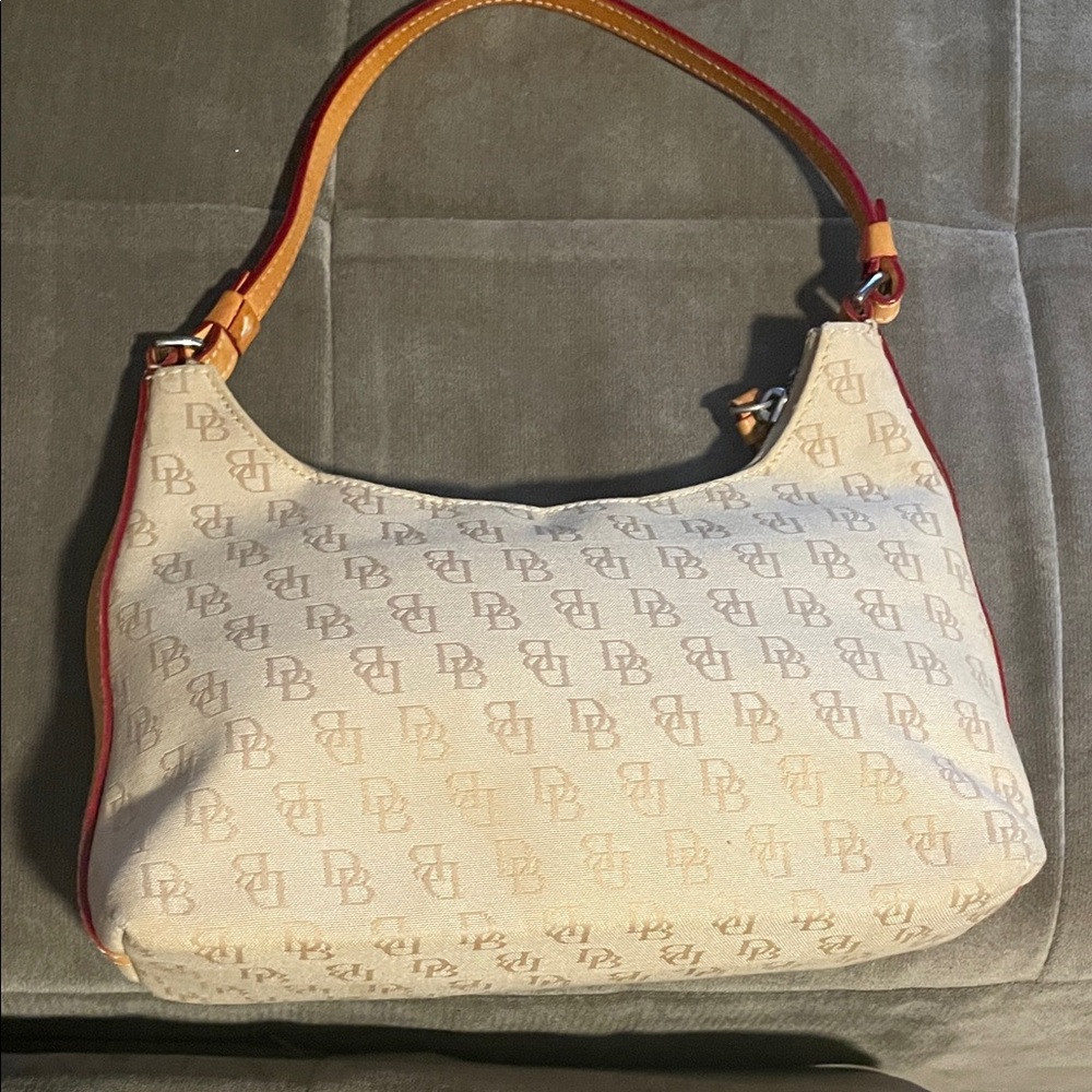 Dooney & Bourke DB Monogram Canvas Shoulder Bag Tan Leather Trim Y2K bag